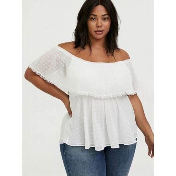 Torrid Size 1X Swiss Dot Off-Shoulder Top Lace Short Sleeve Blouse White - Picture 1 of 11